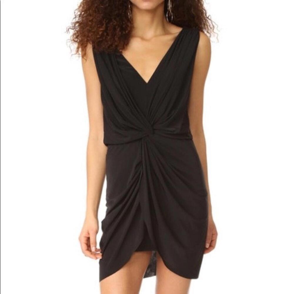 $330 NWT Alice + Olivia Designer Black Plunge Neck Silk Wrap Drape Dress S LBD